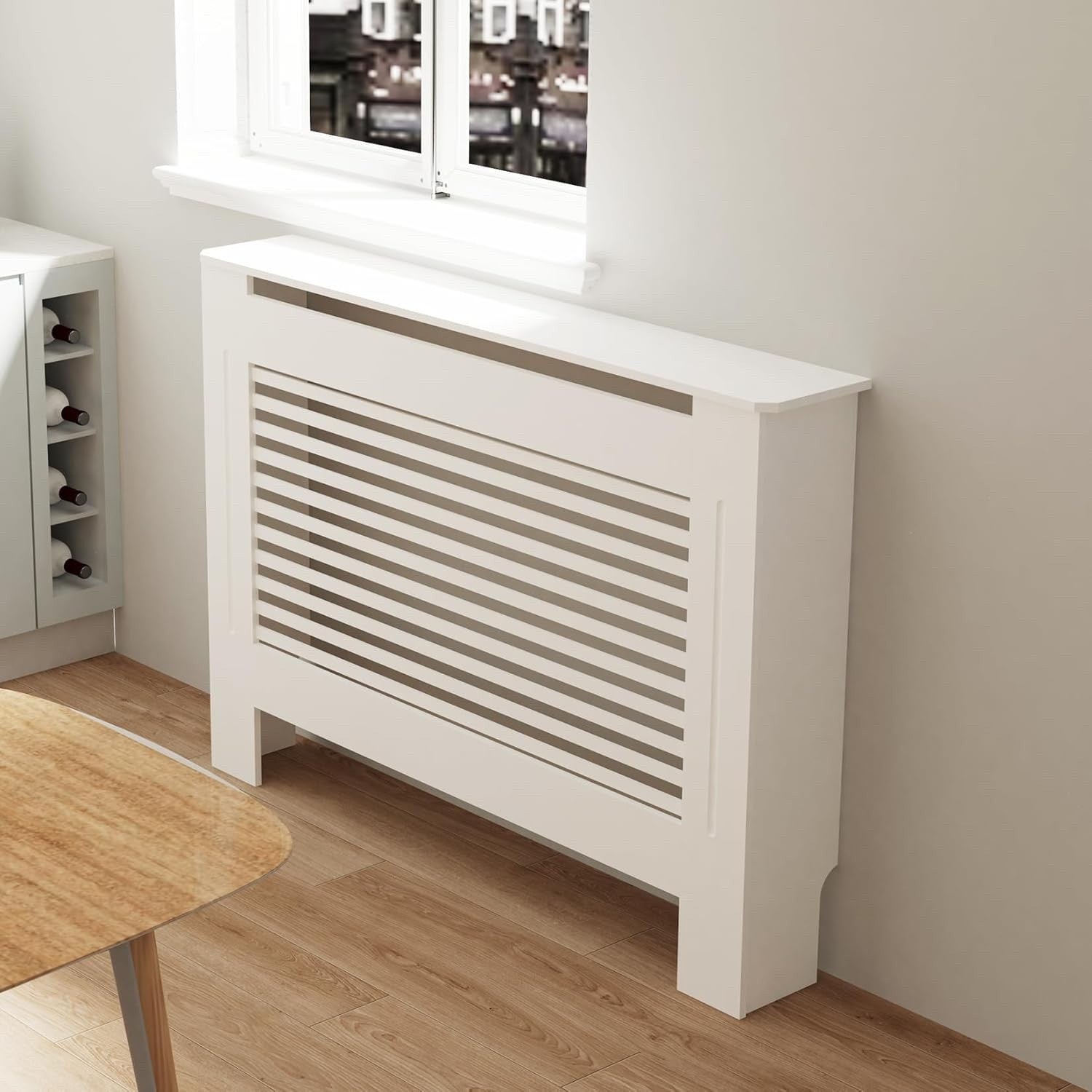 White MDF Radiator Cover 100cm Tall Modern Slatted Heater Cabinet Shelf