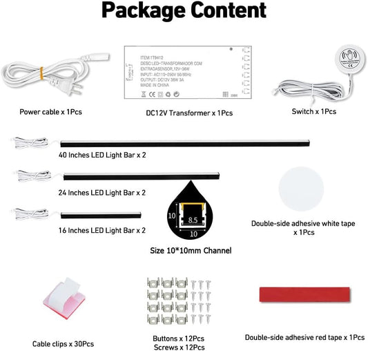 LED Light Bar Kit 6 Pack COB 6000K Recessed Under Cabinet Touch Switch Set