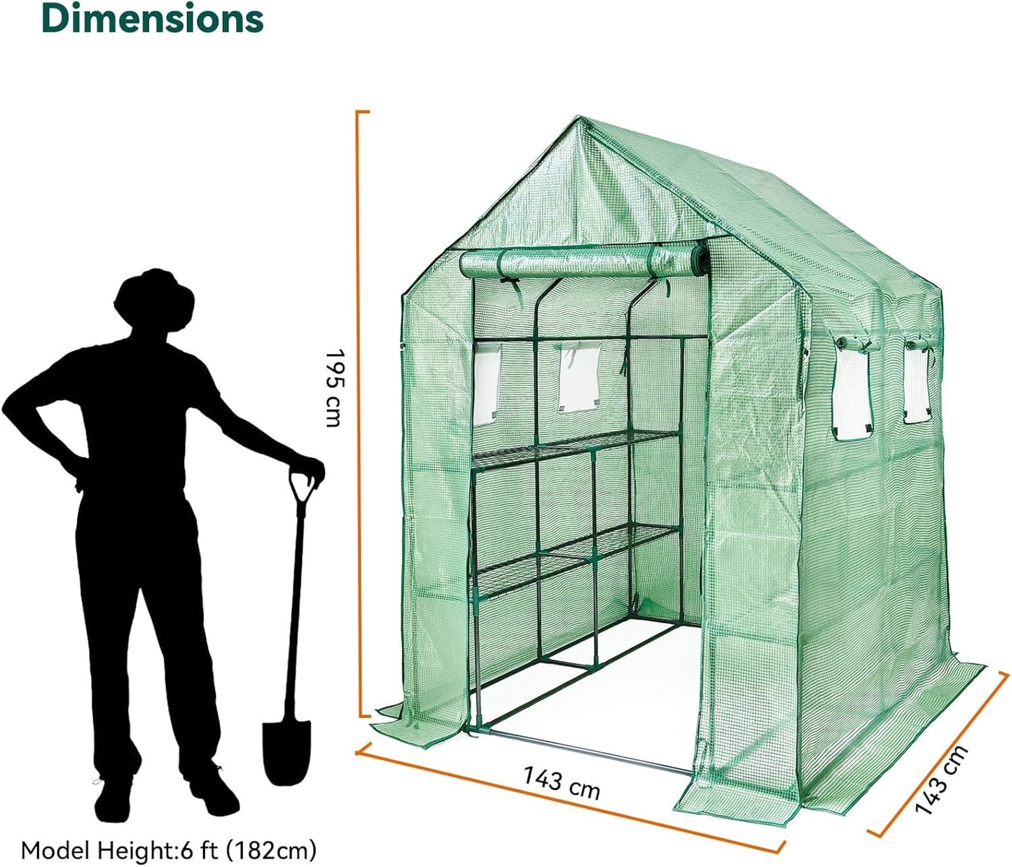 Greenhouse Shelves Walk In 12 Tier PE Cover Garden Grow House 143x143x195cm