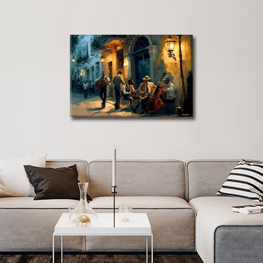 Framed Canvas Wall Art Jazz Band Havana Street Vintage Style Wall Decor