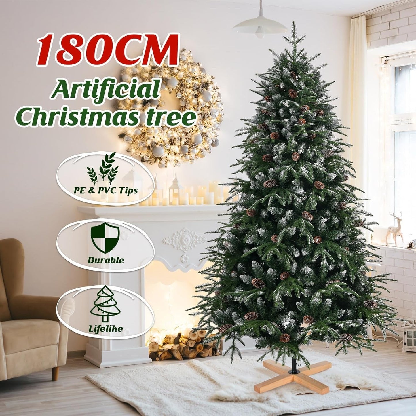 180cm Snow Flocked Artificial Christmas Tree PE PVC Pinecones Stand