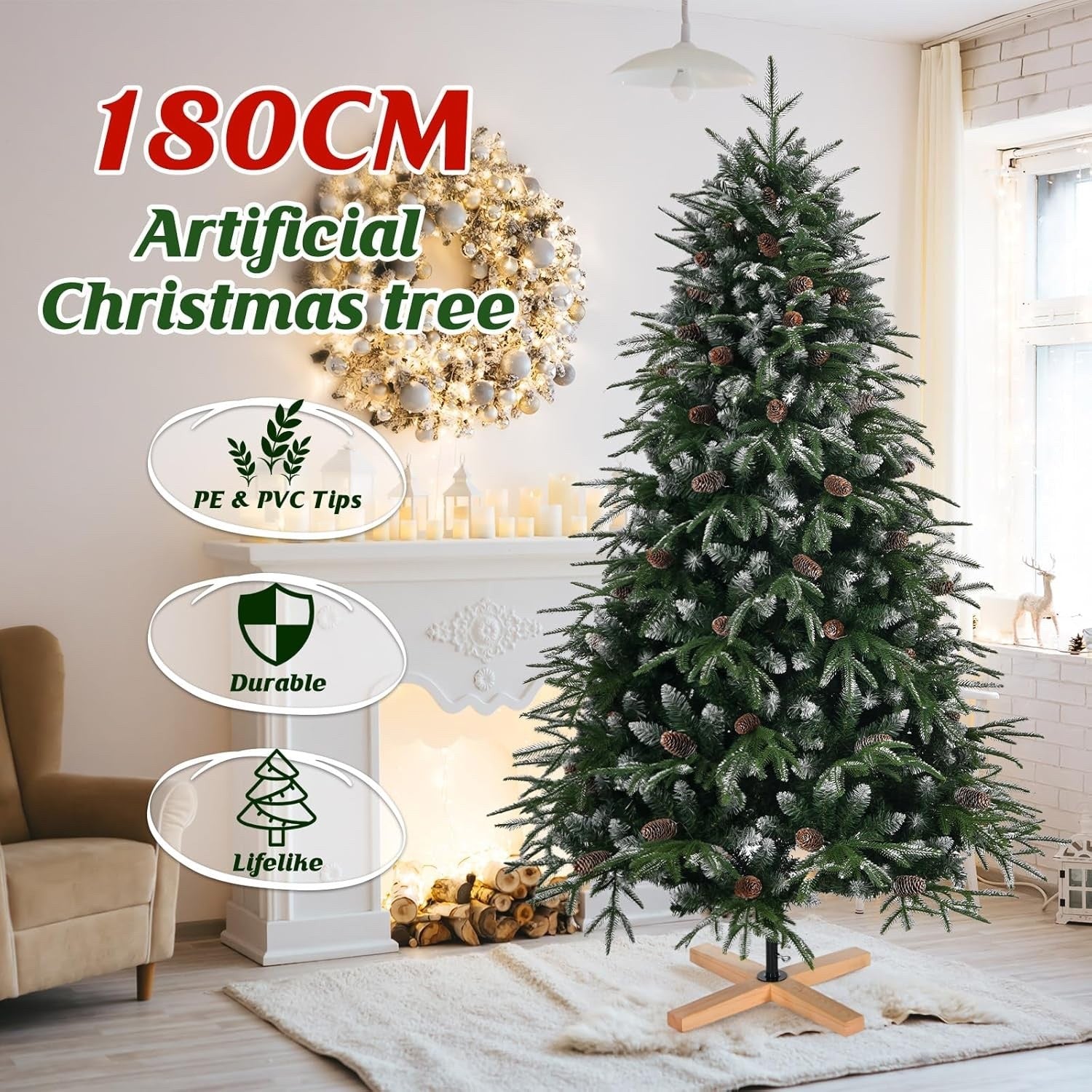 180cm Snow Flocked Artificial Christmas Tree PE PVC Pinecones Stand