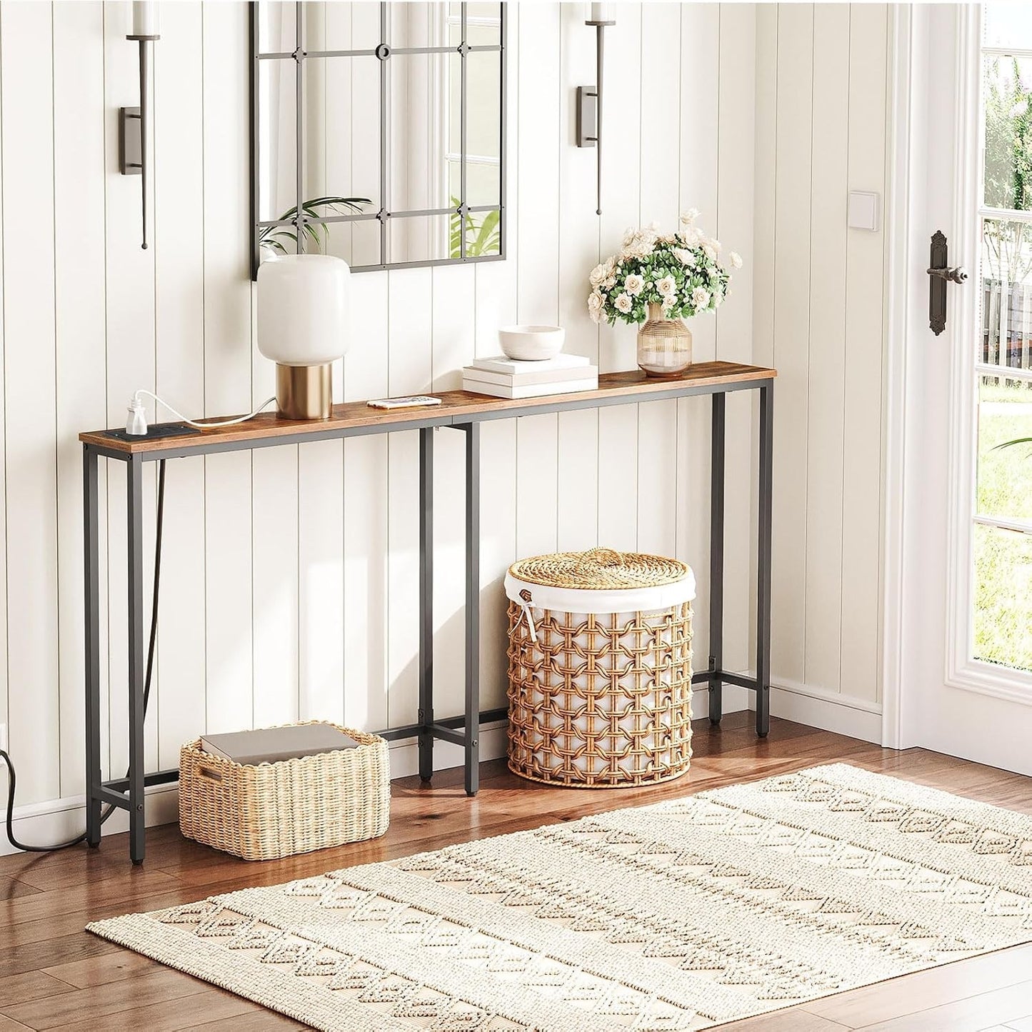 Console Table Charging Station 160cm Slim USB Type-C Sofa Hallway Rustic Brown