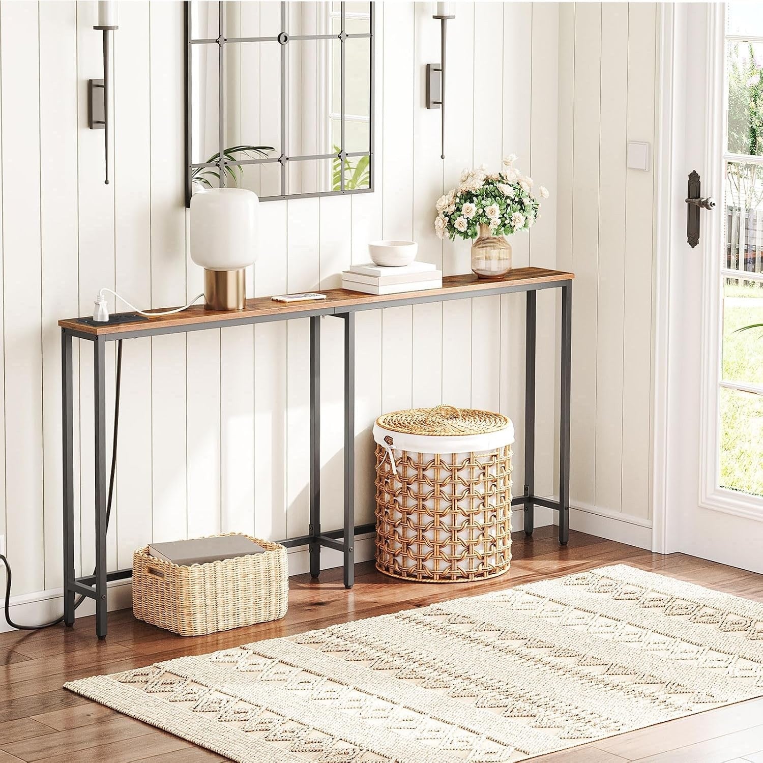 Console Table Charging Station 160cm Slim USB Type-C Sofa Hallway Rustic Brown
