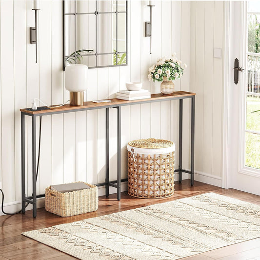 Console Table Charging Station 160cm Slim USB Type-C Sofa Hallway Rustic Brown