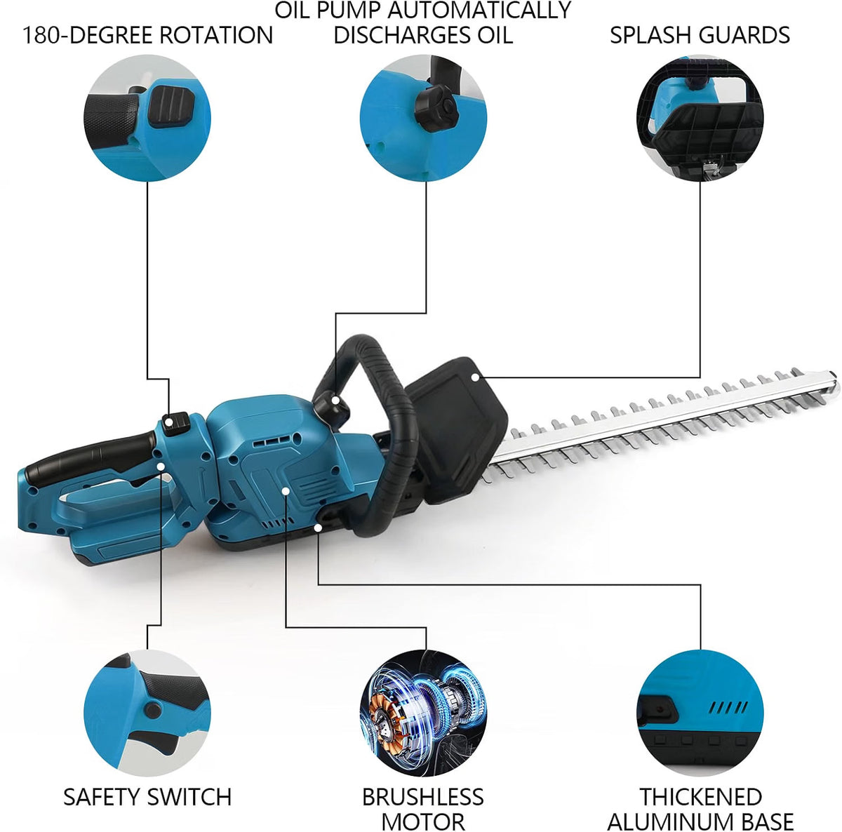 Cordless Hedge Trimmer 50cm 18V Brushless 180° Rotating Head 16mm Cutting