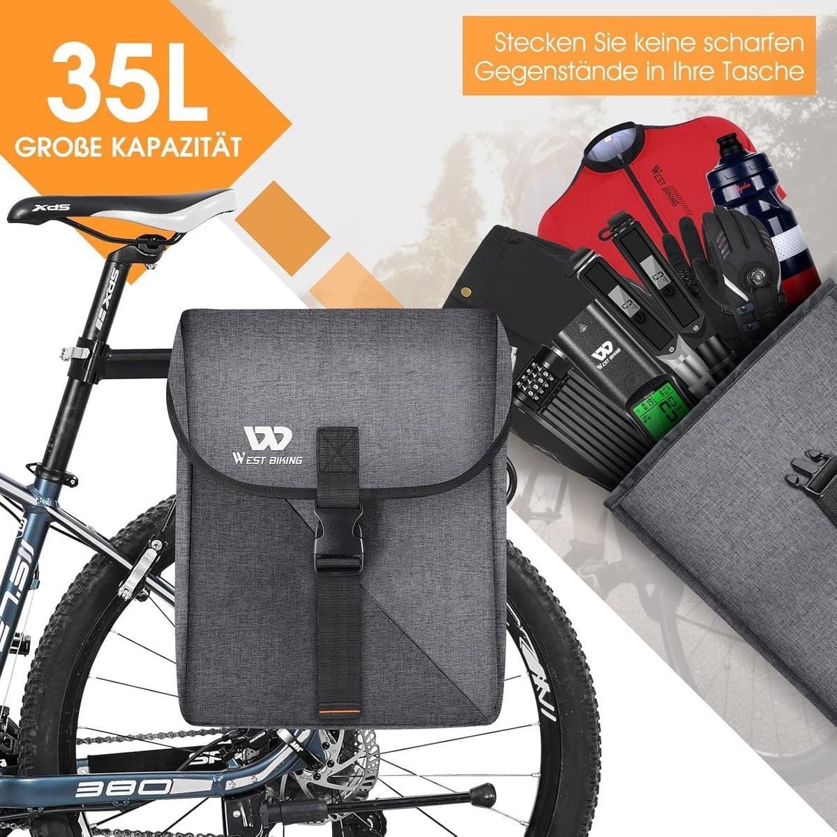 Bicycle Pannier Bags Rear Rack 35L Double Saddlebag Waterproof Black Reflective