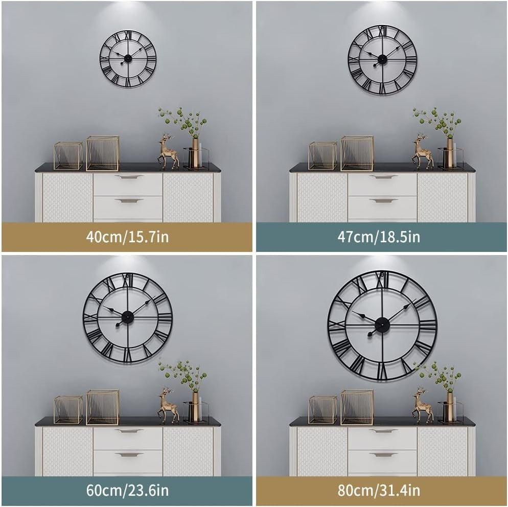 Vintage Wall Clock 40cm Silent Non Ticking Roman Numeral Metal Battery Operated