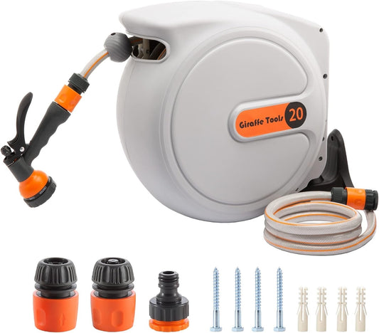 Garden Hose Reel Retractable Wall Mounted 20m+2m Auto Rewind 180 Swivel Nozzle