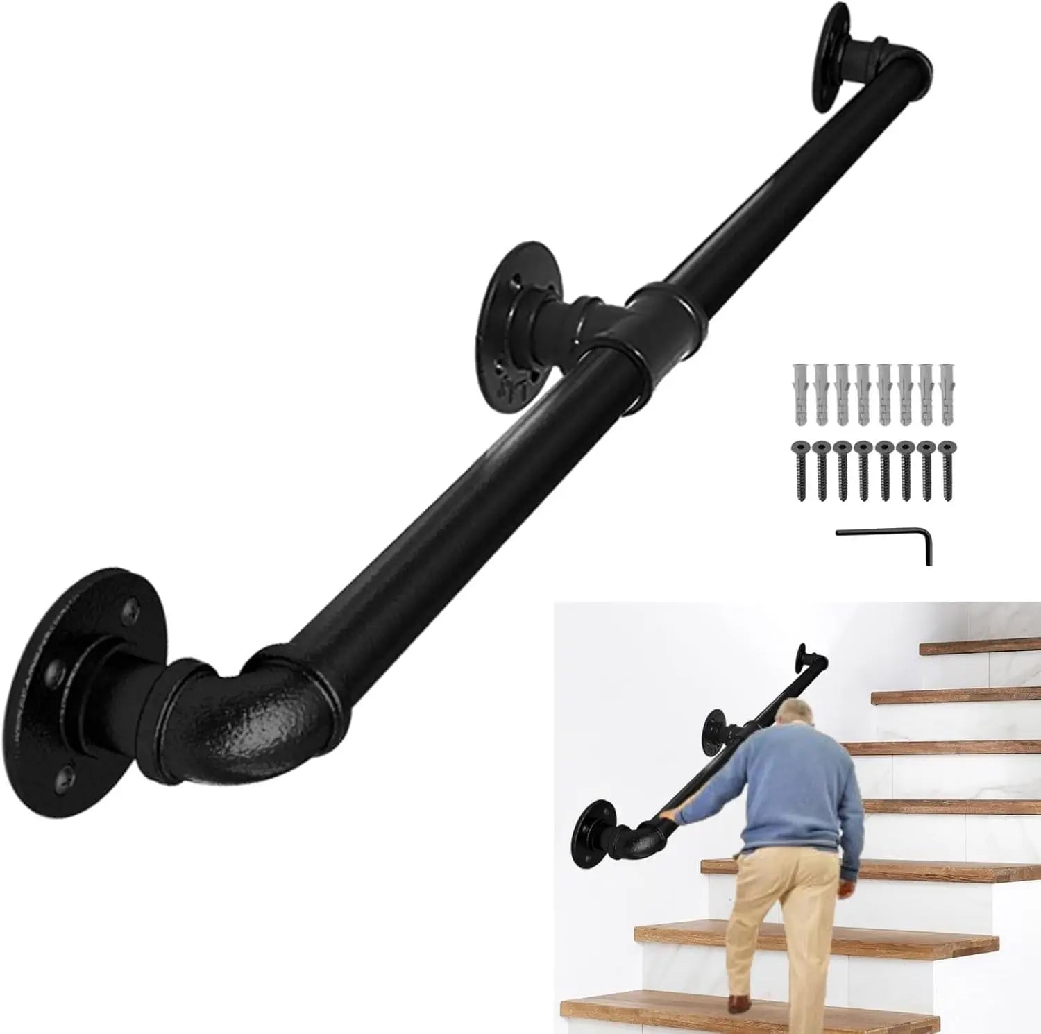 Lechansen Stair Handrail for Indoor & Outdoor, 2 Meter/200cm Black Banister Staircase for Steps - RT Online Outlet