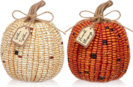 Oairse Pumpkins Fall Decoration 2PCS Decorative Corn Cob Pumpkins Resin