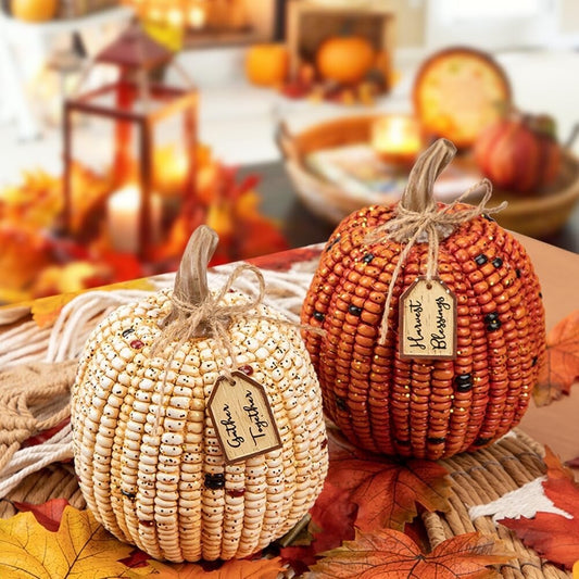 Oairse Pumpkins Fall Decoration 2PCS Decorative Corn Cob Pumpkins Resin