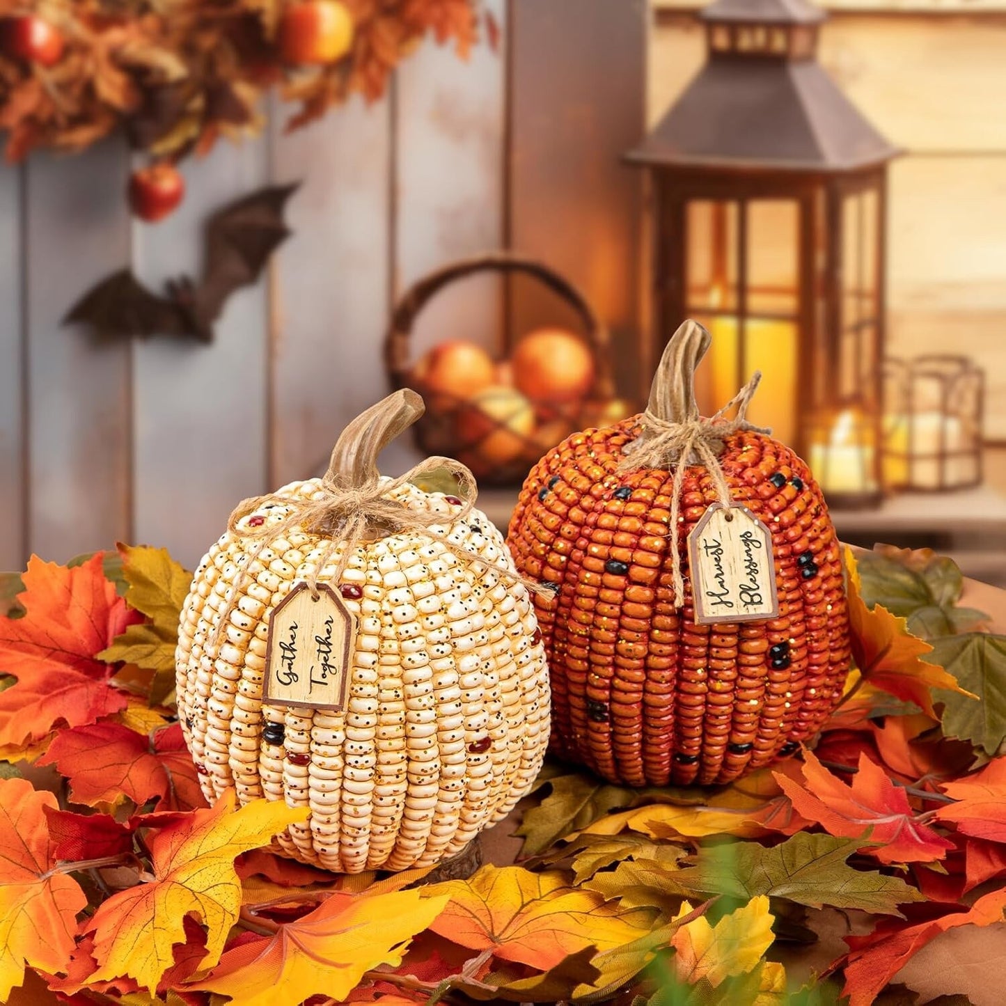Oairse Pumpkins Fall Decoration 2PCS Decorative Corn Cob Pumpkins Resin
