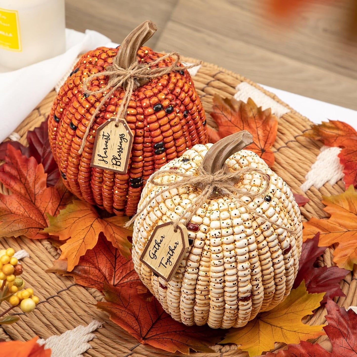 Oairse Pumpkins Fall Decoration 2PCS Decorative Corn Cob Pumpkins Resin