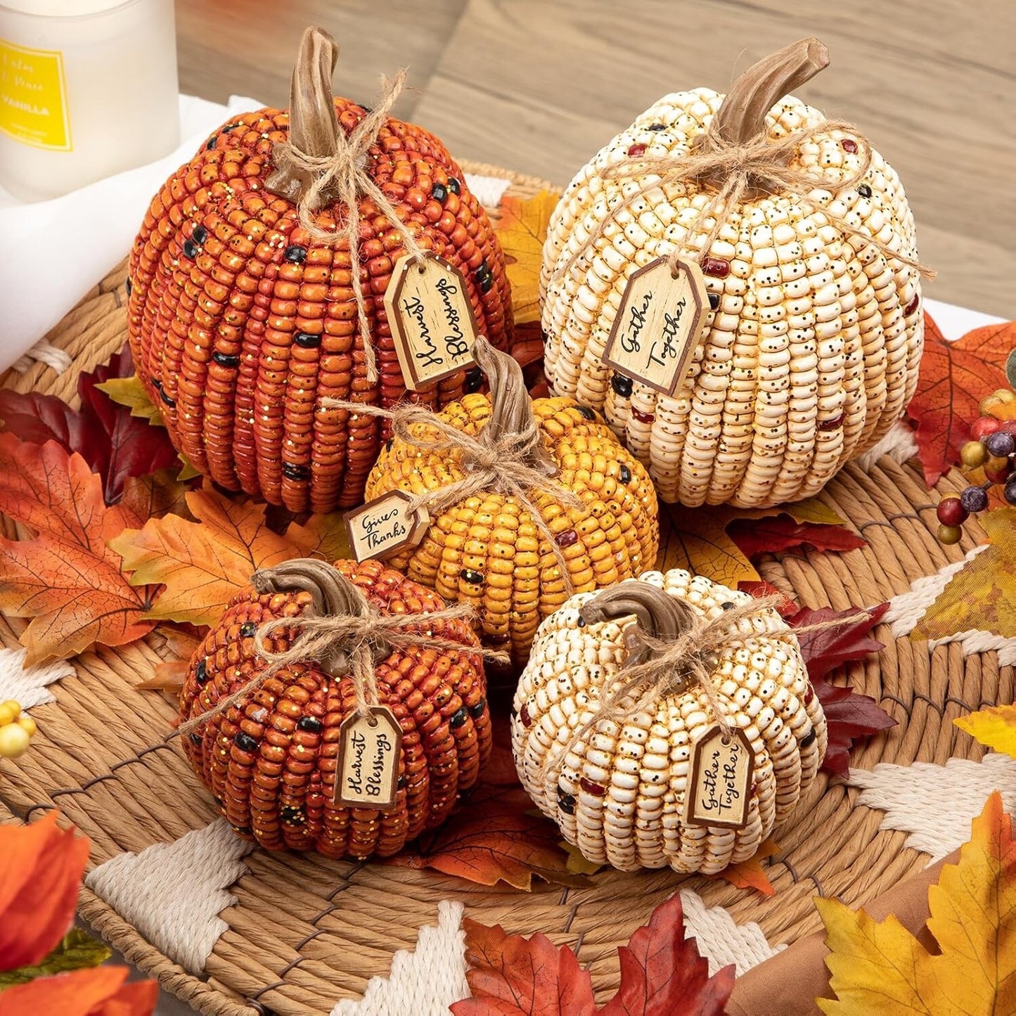Oairse Pumpkins Fall Decoration 2PCS Decorative Corn Cob Pumpkins Resin