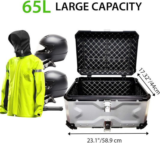 VOKKA Motorcycle Top Box 65L Aluminium Alloy Waterproof Anti-Theft Silver
