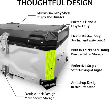 VOKKA Motorcycle Top Box 65L Aluminium Alloy Waterproof Anti-Theft Silver