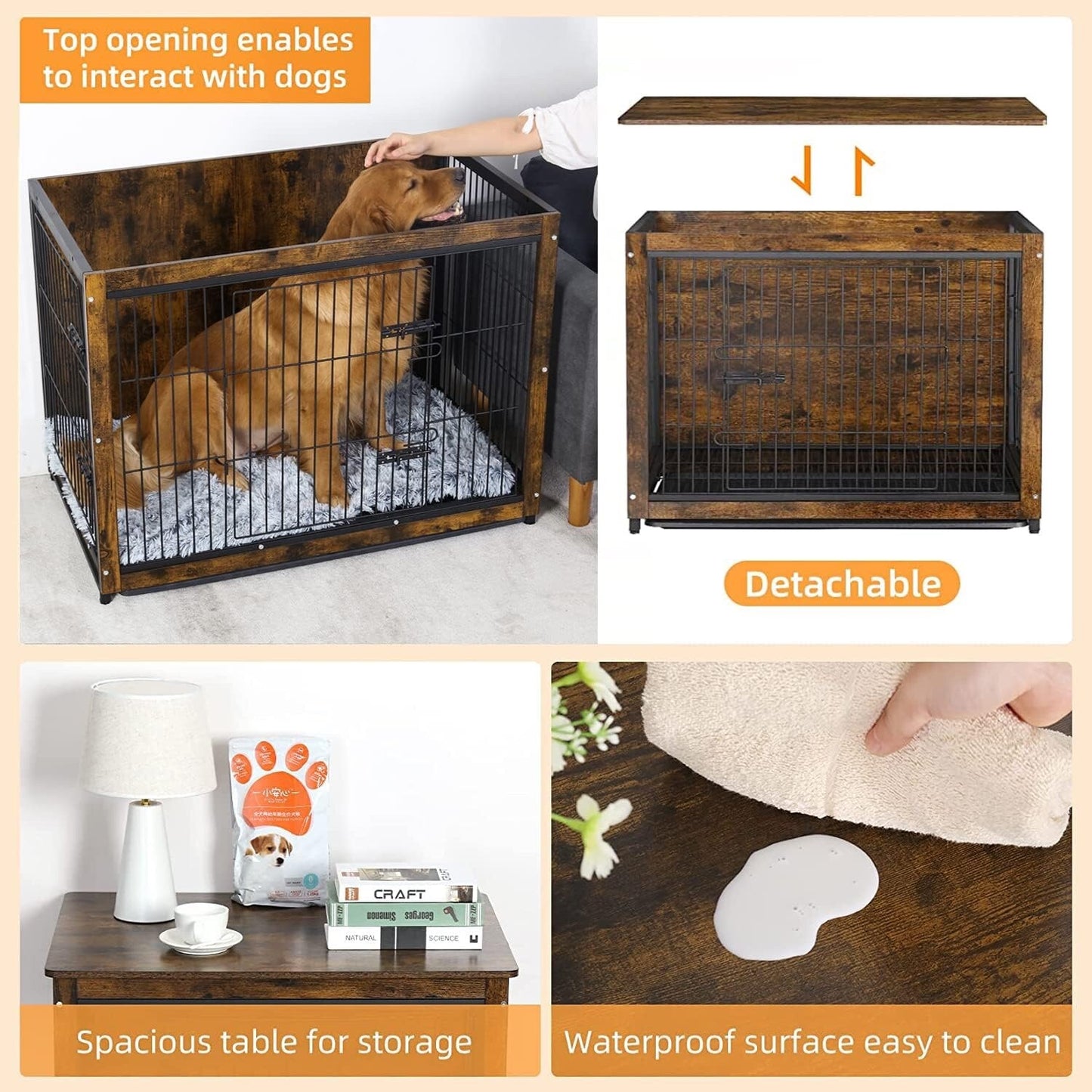 BingoPaw Wooden Dog Crate Furniture: 38 inch Medium Fancy Wood Top