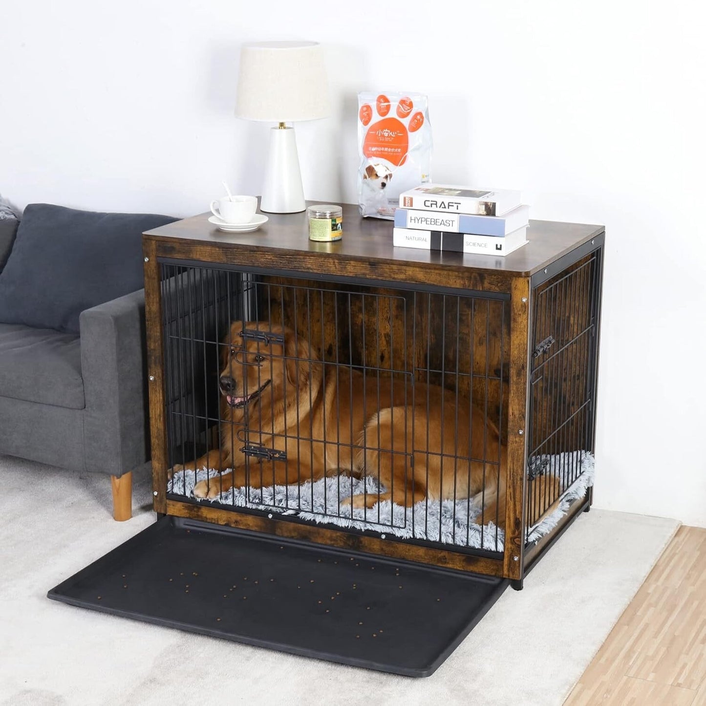 BingoPaw Wooden Dog Crate Furniture: 38 inch Medium Fancy Wood Top