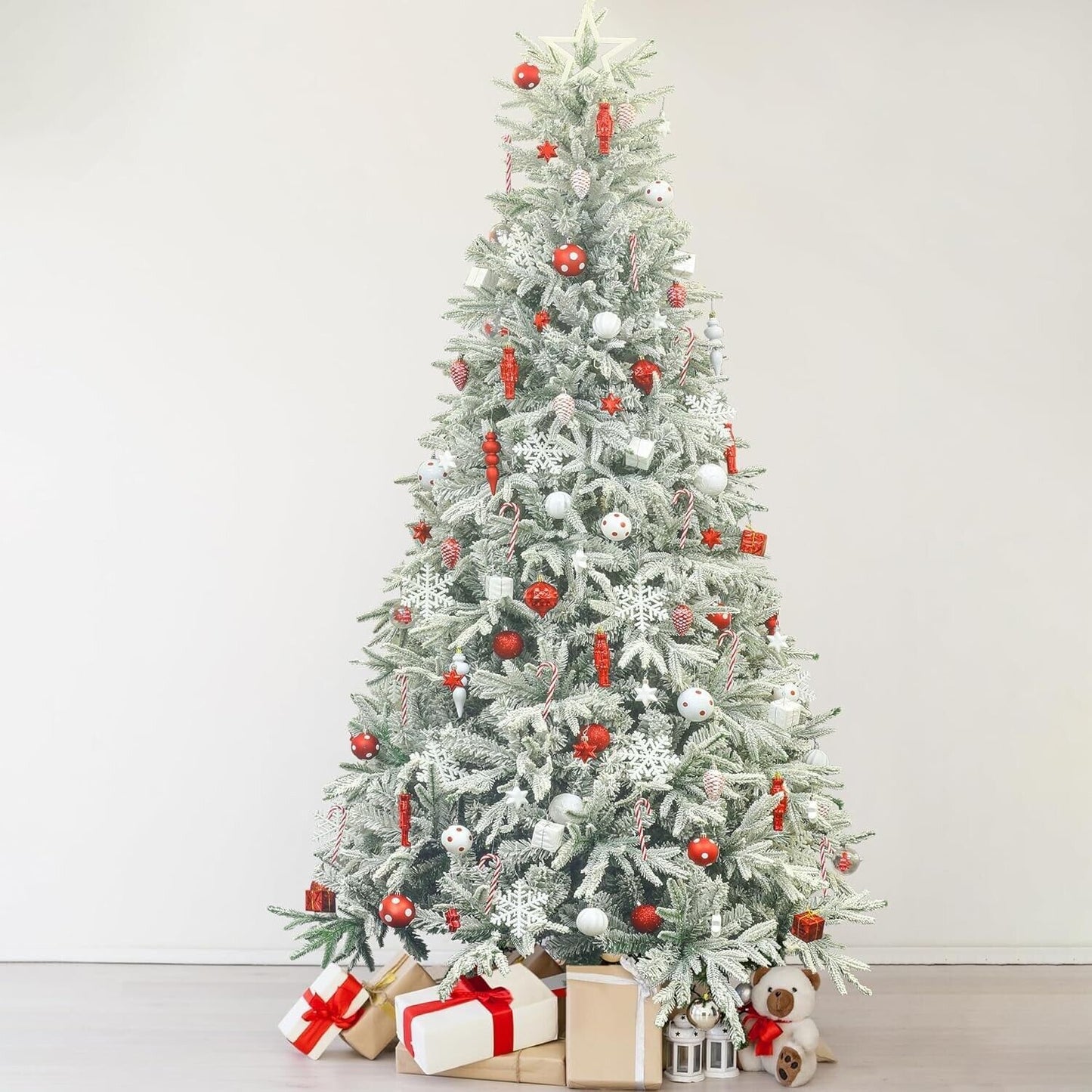 KI Store Flocked Christmas Tree 6.5ft Unlit Hinged Artificial Realistic Pine