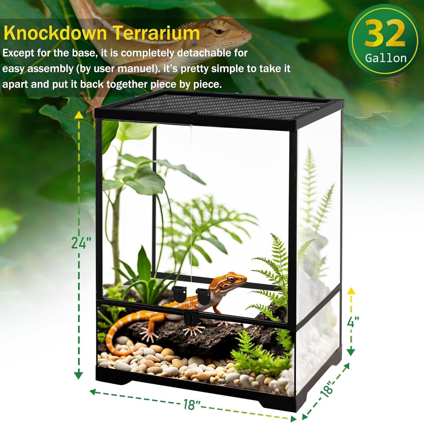 NEPTONION 32 Gallon Professional Glass Terrarium 18"x18"x24"