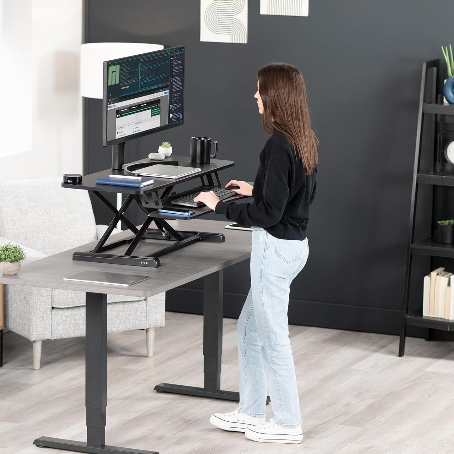 VIVO 107 cm Desk Converter, K Series Height Adjustable Sit to Stand Riser