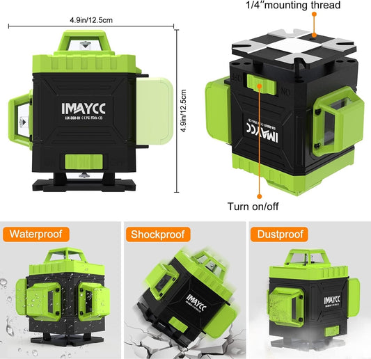 IMAYCC 3D Green Laser Level Self Level 16 Lines Cross Line Tool Indoor Outdoor