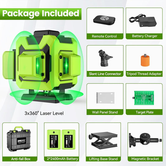 IMAYCC 3D Green Laser Level Self Level 12 Lines Cross Line Tool Indoor Outdoor