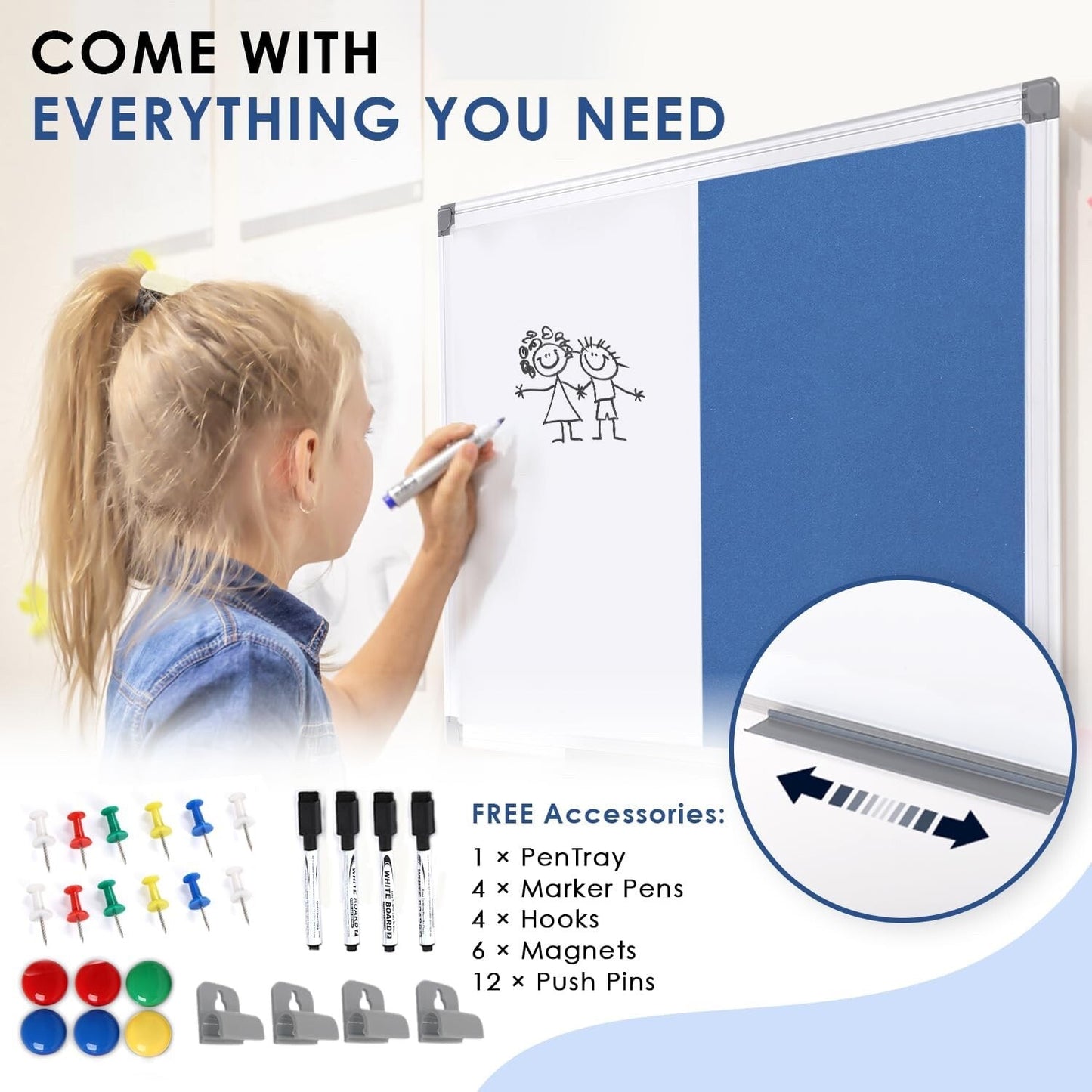 Dry Erase Presentation Whiteboard Pin Bulletin Combination Board Blue 120x90cm