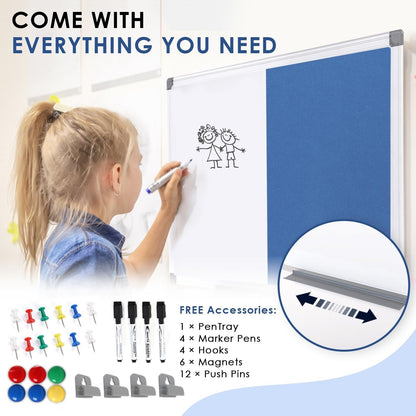 Dry Erase Presentation Whiteboard Pin Bulletin Combination Board Blue 120x90cm