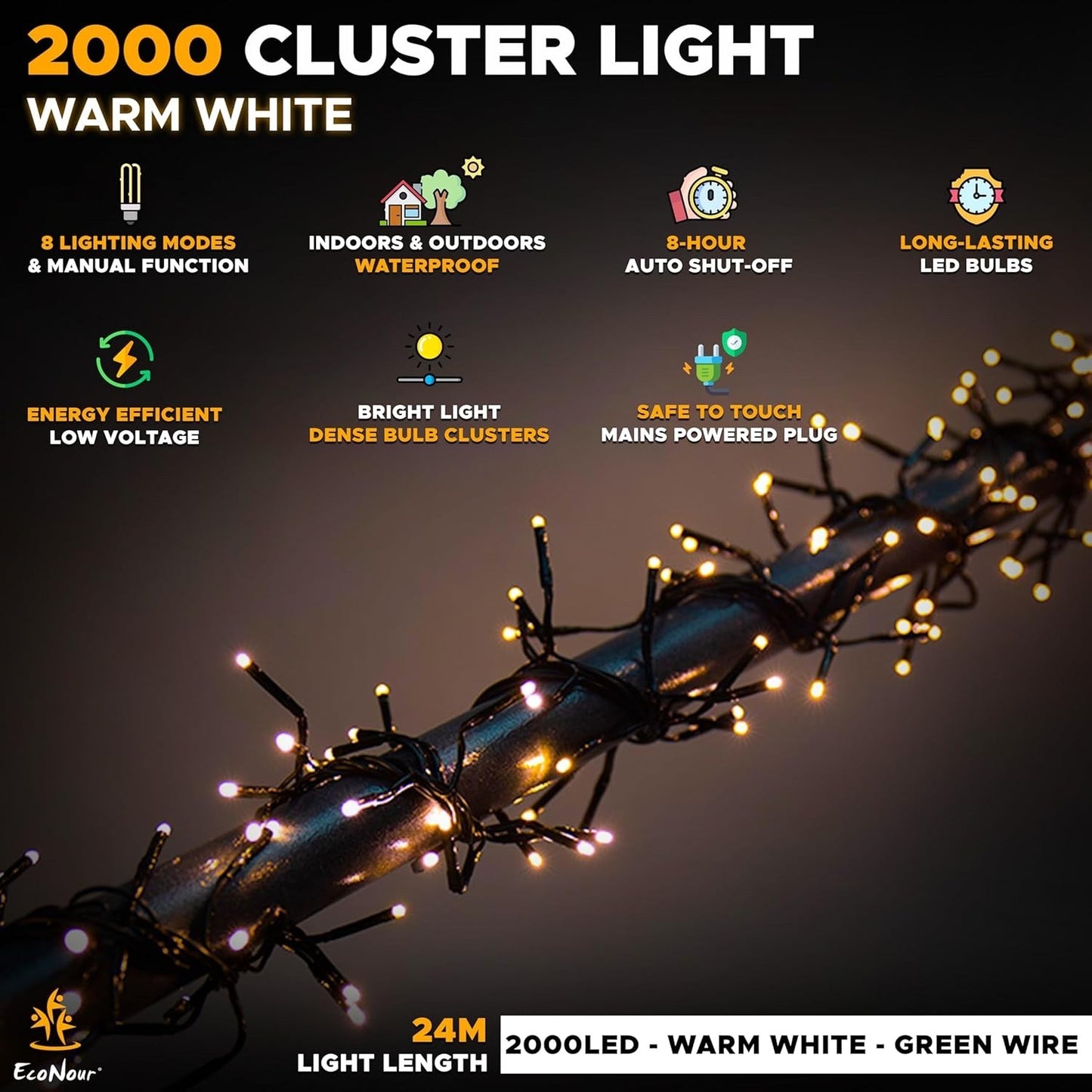 Christmas Tree Cluster Lights 720 LED Warm White 8 Light Modes 9 metre