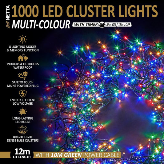 Christmas Tree Cluster Lights 1000 LED Multi Colour 8 Light Modes 12 metre