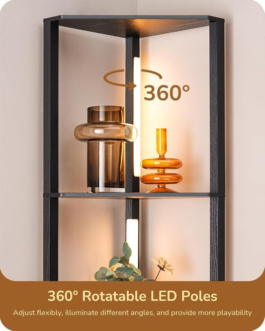 EDISHINE LED Floor Lamps with Shelves 4 Layers Wood Dimmable Standing Lamp Black