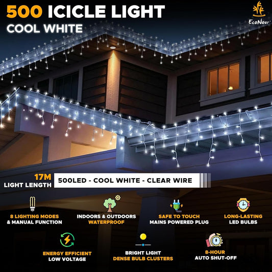 EcoNour Icicle Lights Outdoor Christmas Lights 500 LED 27M Cool White