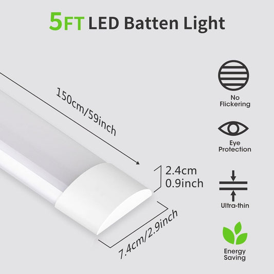 HUMIGA 2 Pack 5FT LED Batten Light 50W 4500LM Slim Profile Cool White