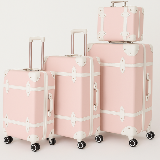 Urecity Vintage Leather-Trimmed Zipper Luggage 4 pcs 14" 20" 24" 28" Pink Roller