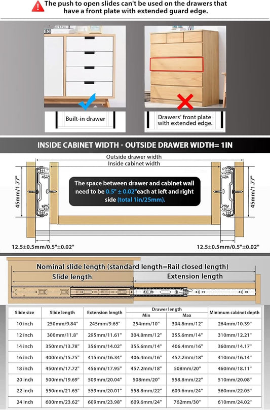 YENUO Push to Open Drawer Runners Full Extension 600mm