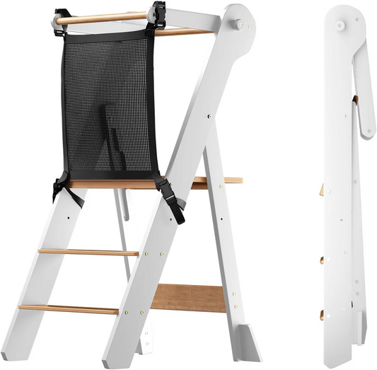COSYLAND Toddler Standing Tower Adjustable Height Folding Step Stool White Wood