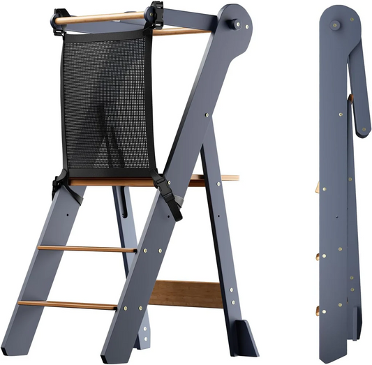 COSYLAND Toddler Standing Tower Adjustable Height Folding Step Stool Grey Wood