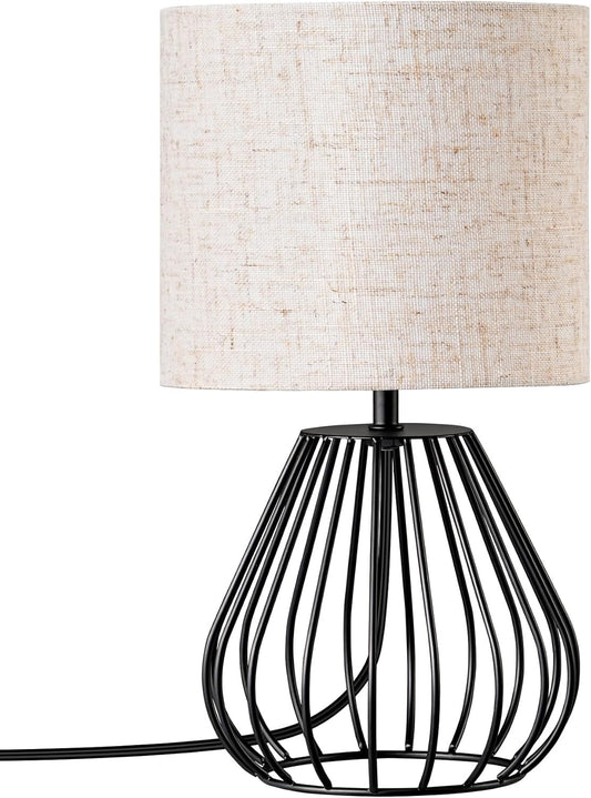 EDISHINE Bedside Lamp Table Lamp with Metal Cage Base & Linen Lampshade Black