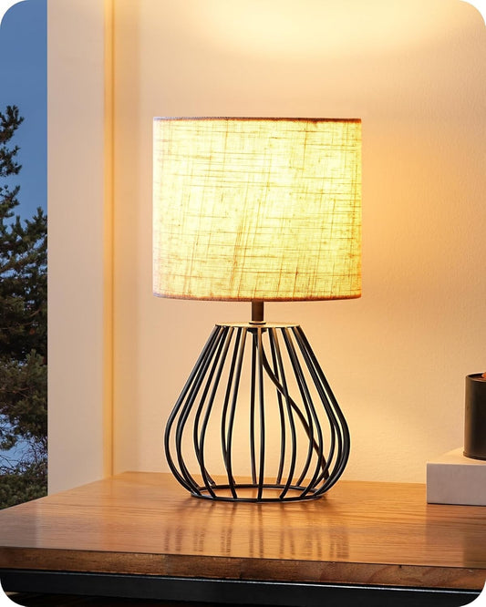 EDISHINE Bedside Lamp Table Lamp with Metal Cage Base & Linen Lampshade Black