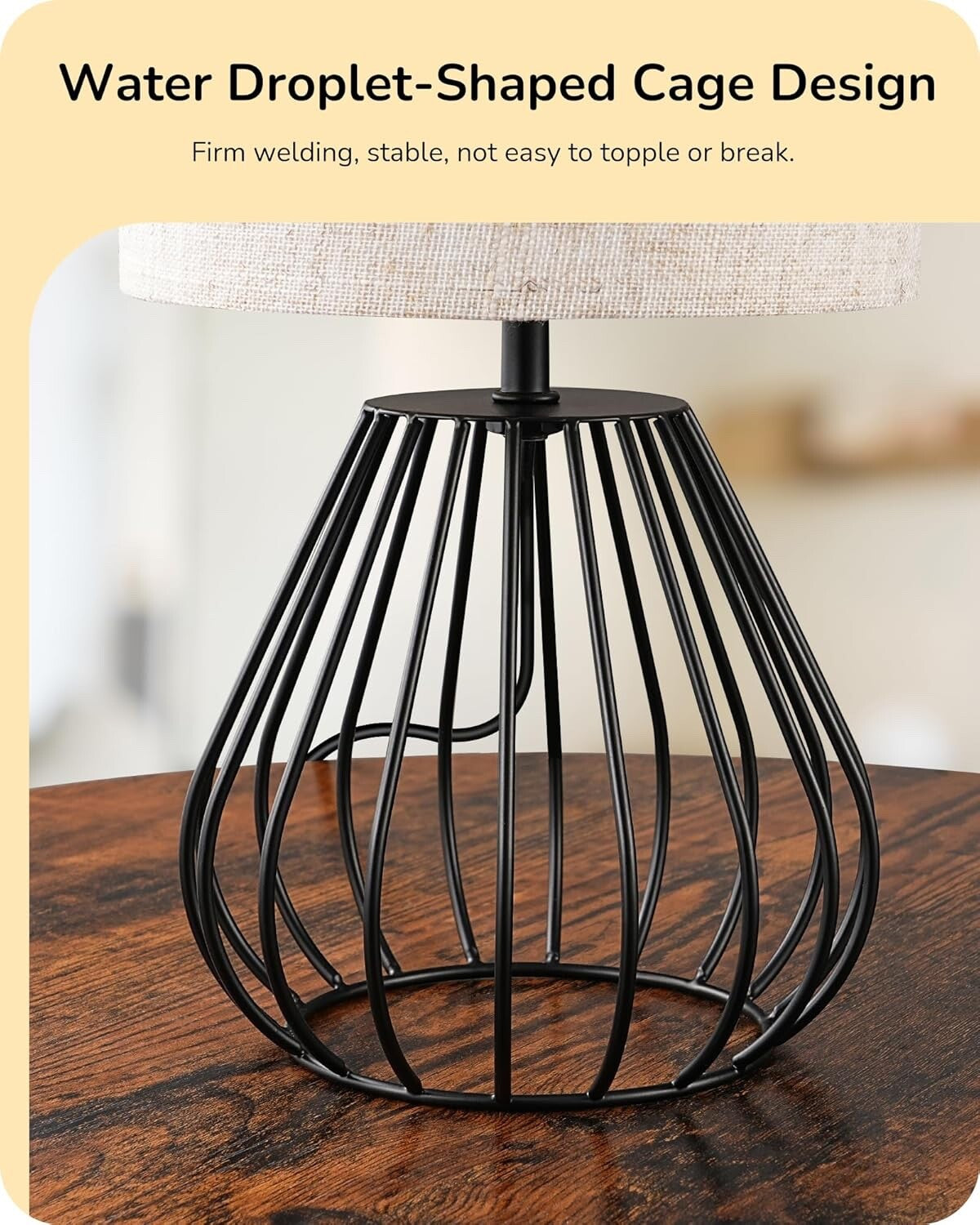 EDISHINE Bedside Lamp Table Lamp with Metal Cage Base & Linen Lampshade Black