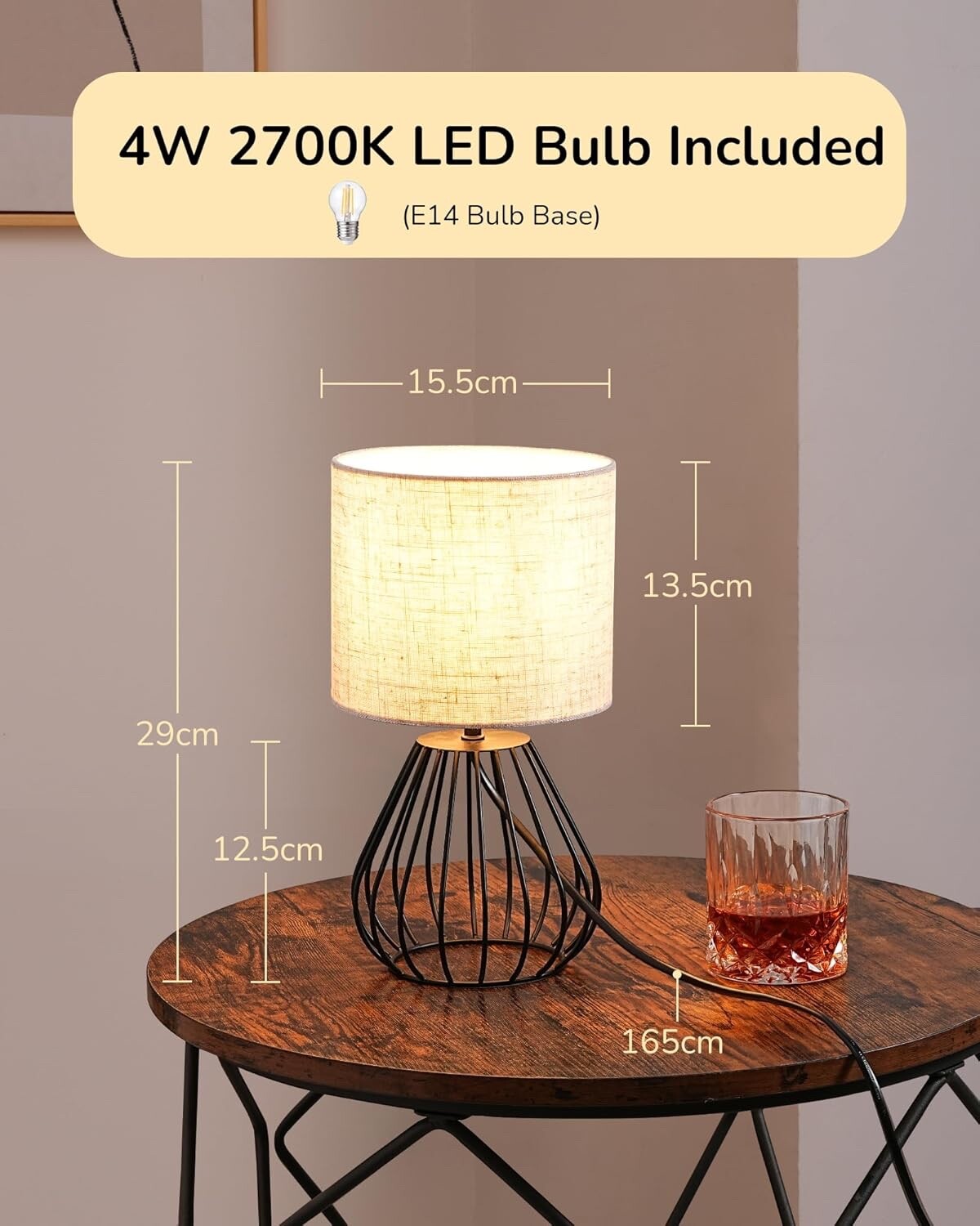 EDISHINE Bedside Lamp Table Lamp with Metal Cage Base & Linen Lampshade Black