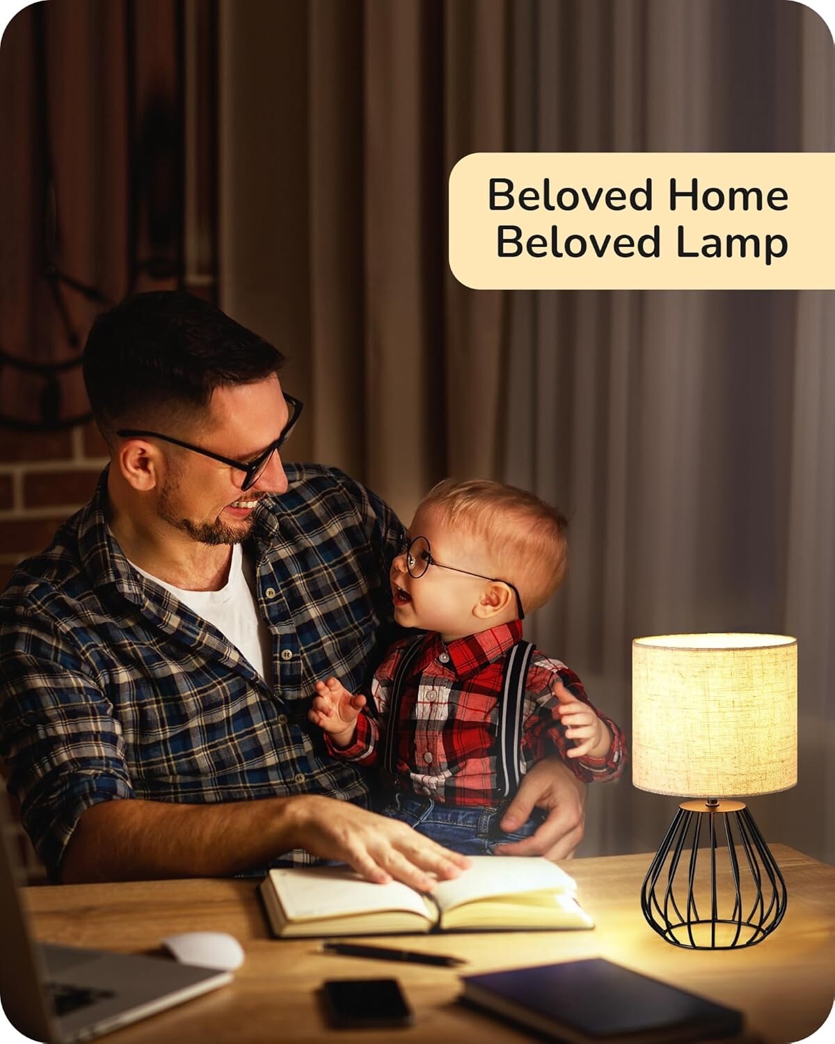 EDISHINE Bedside Lamp Table Lamp with Metal Cage Base & Linen Lampshade Black