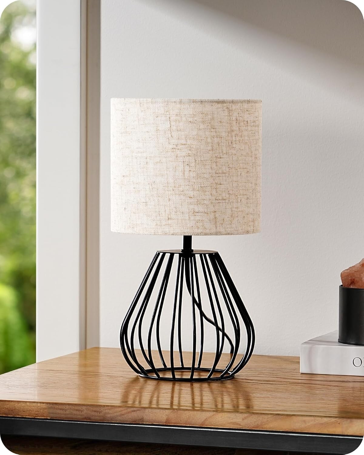 EDISHINE Bedside Lamp Table Lamp with Metal Cage Base & Linen Lampshade Black