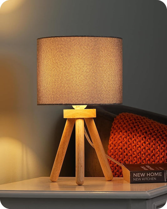 EDISHINE 36 cm Bedside Lamps Grey Linen Lampshade Wooden Tripod