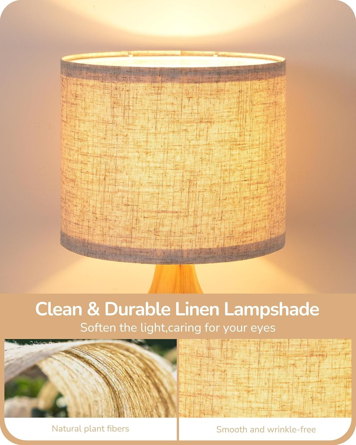 EDISHINE Wooden Bedside Lamp 34cm Table Lamp for Living Room Bedroom
