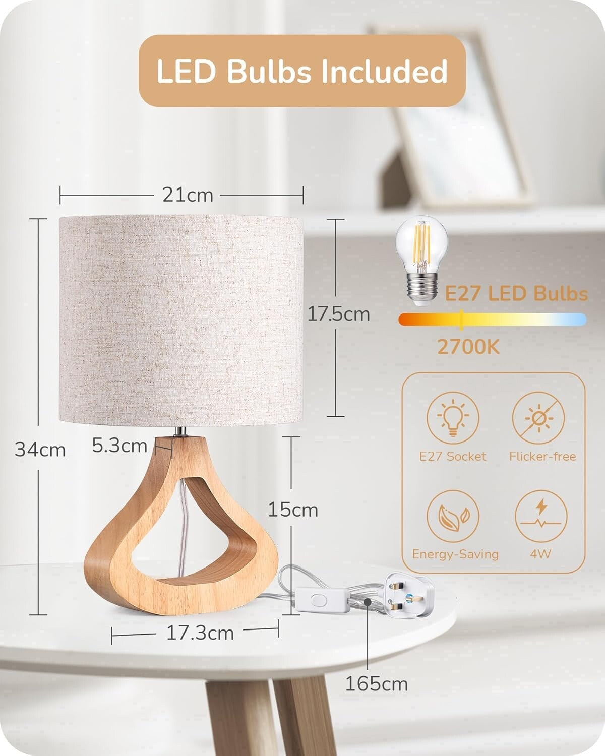 EDISHINE Wooden Bedside Lamp 34cm Table Lamp for Living Room Bedroom