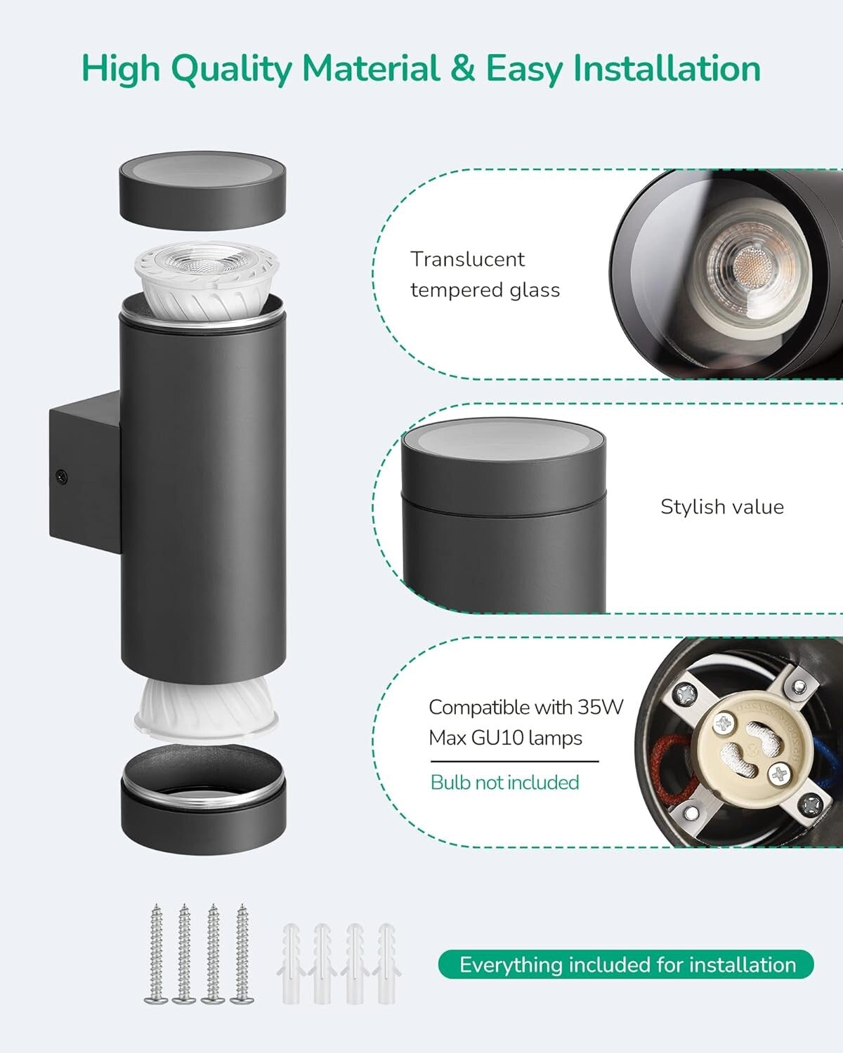 EDISHINE Outdoor Wall Lights IP44 Waterproof Up Down Light Metal Black