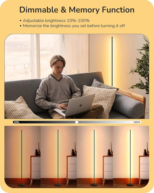 EDISHINE 2 Pack LED Floor Lamp 146cm Minimalist Dimmable Standing Lamp Black